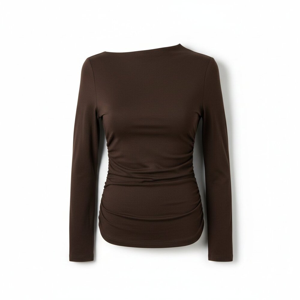 OGL EcoMousse LiteWarm Asymmetric Mock Neck Side Ruched Top – Espresso – XL